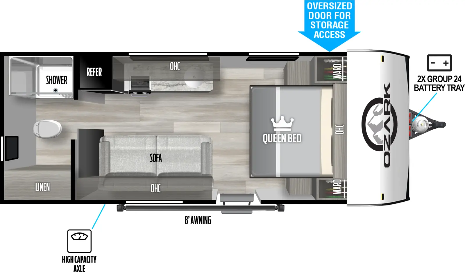 The 1610RBLE has zero slideouts and one entry. Exterior features 2X group 24 battery tray, oversized door for storage access, high capacity axle, and 8 foot awning. Interior layout front to back: queen bed with overhead cabinet and wardrobes on each side; off-door side kitchen counter with sink, overhead cabinet, cooktop, and standard refrigerator; door side entry, and sofa seating with overhead cabinet rear bathroom with toilet, shower and linen closet only.